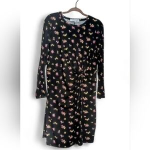 Black Floral Long Sleeve Dress Twist Front Size 2X Mini Romantic Cottagecore